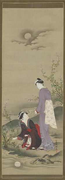 Autumn: Two women gazing at the reflection of the moon, early 19th century. Creator: Kubo Shunman