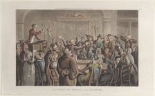 Auction of Relics at Avignon, from "Journal of Sentimental Travels in the Southern Provinc..., 1821. Creator: Thomas Rowlandson