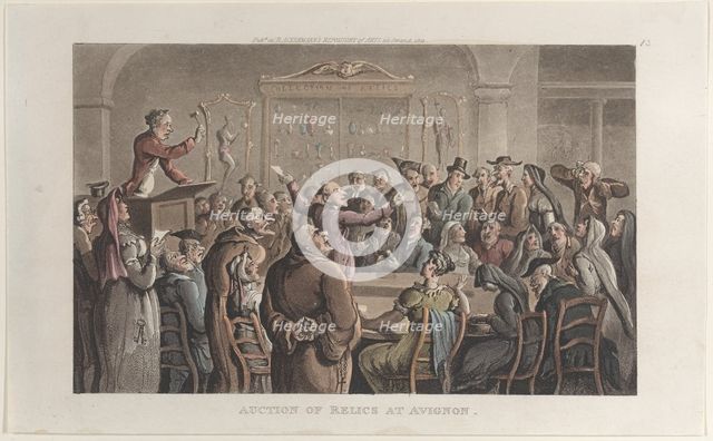 Auction of Relics at Avignon, from "Journal of Sentimental Travels in the Southern Provinc..., 1821. Creator: Thomas Rowlandson.