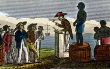 Auctioning slaves in the West Indies, 1824. Artist: Anon