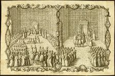 Audience at the Russian Czar, Moscow. Published by Jacob Ulfeldt. Creator: Anonymous