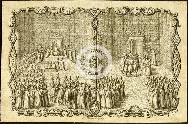 Audience at the Russian Czar, Moscow. Published by Jacob Ulfeldt. Creator: Anonymous.