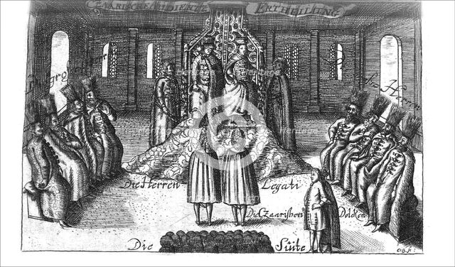 Audience with Ivan V, Peter I and Sophia Alekseyevna (from Georg Adam Schleissing Derer beyden Czaaren in Reussland...), 1693. Artist: Anonymous  