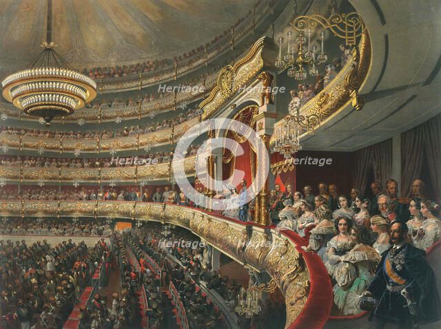 Auditorium of the Bolshoi Theatre, Moscow, Russia, 1856.  Artist: Mihály Zichy