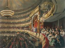 Auditorium of the Bolshoi Theatre, Moscow, Russia, 1856. Artist: Mihály Zichy
