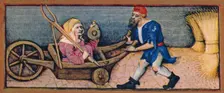 August - old woman in wheelbarrow, 15th century, (1939). Creator: Robinet Testard