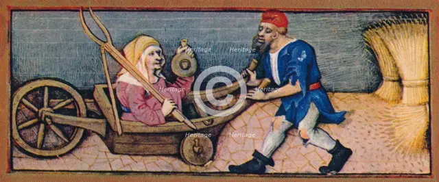 August - old woman in wheelbarrow, 15th century, (1939). Creator: Robinet Testard.