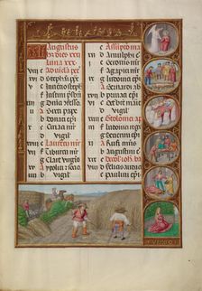 August Calendar Page: Reaping: Virgo; Spinola Hours, about 1510-1520. Creator: Workshop of the Master of James IV of Scotland