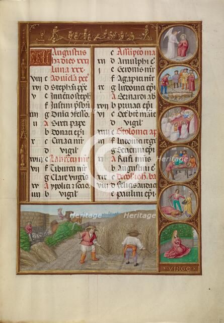 August Calendar Page: Reaping: Virgo; Spinola Hours, about 1510-1520. Creator: Workshop of the Master of James IV of Scotland.