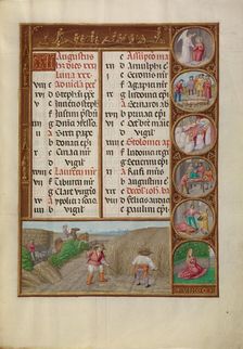 August Calendar Page: Reaping: Virgo; Spinola Hours, about 1510-1520. Creator: Workshop of the Master of James IV of Scotland