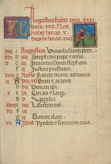August Calendar Page; Threshing; Book of Hours, about 1460. Creator: Unknown