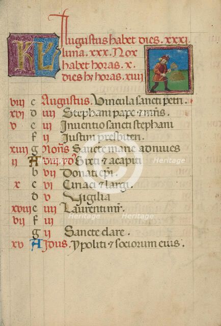 August Calendar Page; Threshing; Book of Hours, about 1460. Creator: Unknown.