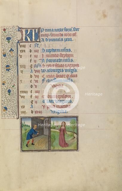 August Calendar Page: Threshing: Virgo; Arenberg Hours, early 1460s. Creator: Workshop of Willem Vrelant.