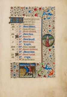 August Calendar Page: Threshing: Virgo; Book of Hours, about 1440-1450. Creator: Workshop of the Bedford Master