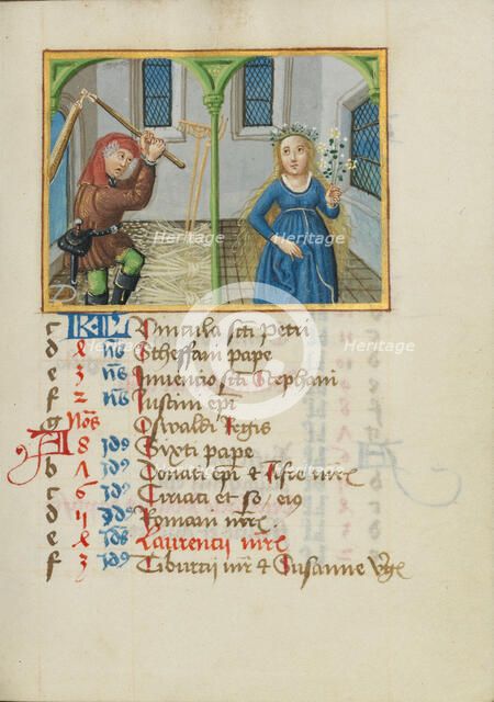 August Calendar Page; Threshing; Virgo; Book of Hours, early 16th century. Creator: Unknown.