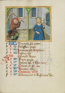 August Calendar Page; Threshing; Virgo; Book of Hours, early 16th century. Creator: Unknown