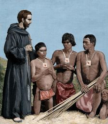 Augustinian Recollect friar converting Guahibo Indians, Spanish Mission, Colombia, 1887. Creator: Unknown