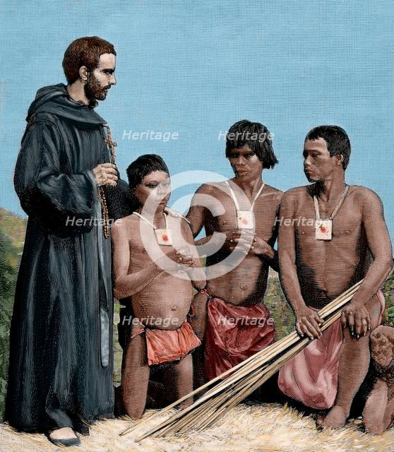Augustinian Recollect friar converting Guahibo Indians, Spanish Mission, Colombia, 1887.  Creator: Unknown.