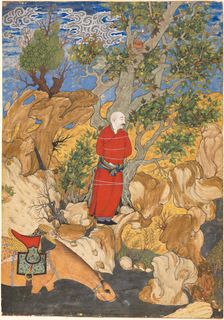 Aulad Tied to a Plane Tree, from a Shahnama by Firdausi, 1575-1600. Creator: Sadiqi Bek (Iranian, 1533-1609)