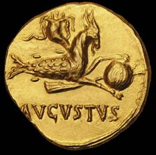 Aureus of Emperor Augustus. Reverse: Capricorn Holding a Globe, c18-17 BC. Creator: Numismatic, Ancient Coins