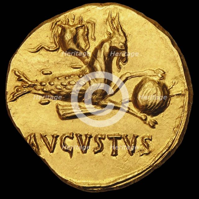Aureus of Emperor Augustus. Reverse: Capricorn Holding a Globe, c18-17 BC. Creator: Numismatic, Ancient Coins .