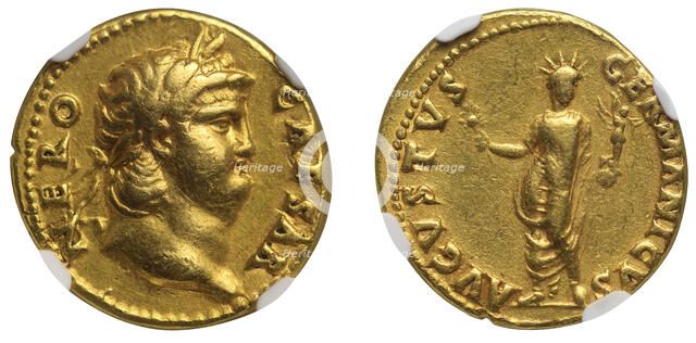 Aureus of Emperor Nero. Obverse: Laureate head of Nero. Reverse: The Colossus of Nero , 54-68. Creator: Numismatic, Ancient Coins  .