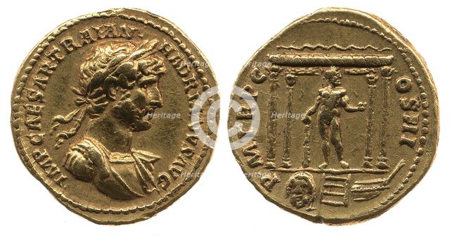 Aureus of Hadrian. Obverse: Laurel head of Hadrian on the right. Reverse: Statue of Hercules, 119... Creator: Numismatic, Ancient Coins  .