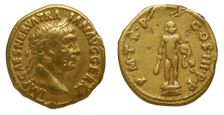 Aureus of Trajan. Obverse: Laurel head of Trajan on the right. Reverse: Statue of Hercules naked. Creator: Numismatic, Ancient Coins