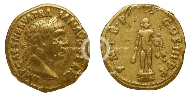 Aureus of Trajan. Obverse: Laurel head of Trajan on the right. Reverse: Statue of Hercules naked. Creator: Numismatic, Ancient Coins  .