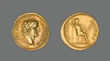 Aureus (Coin) Portraying Emperor Tiberius, 15-37 CE, issued by Tiberius. Creator: Unknown