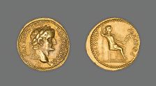 Aureus (Coin) Portraying Emperor Tiberius, 15-37 CE, issued by Tiberius. Creator: Unknown