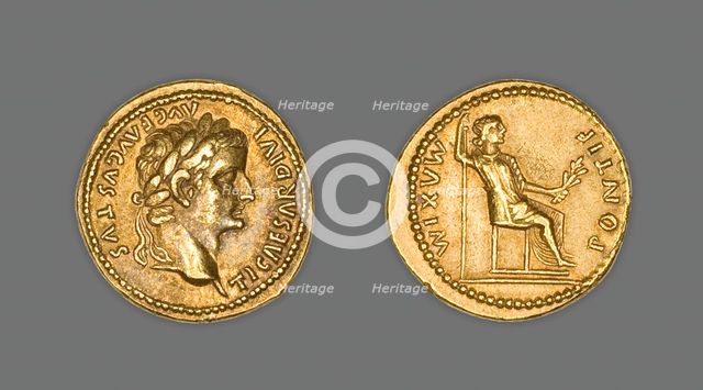 Aureus (Coin) Portraying Emperor Tiberius, 15-37 CE, issued by Tiberius.  Creator: Unknown.