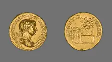Aureus (Coin) Portraying Emperor Trajan, 114-115, issued by Trajan. Creator: Unknown