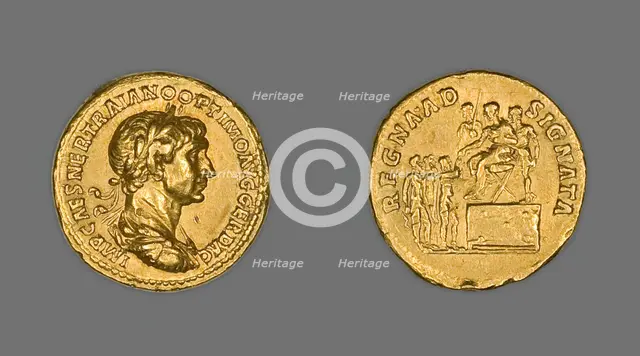 Aureus (Coin) Portraying Emperor Trajan, 114-115, issued by Trajan. Creator: Unknown.
