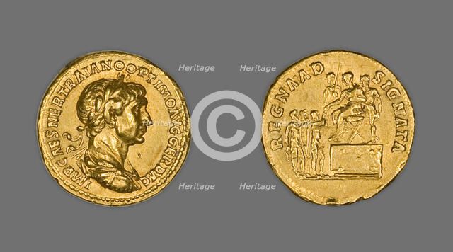 Aureus (Coin) Portraying Emperor Trajan, 114-115, issued by Trajan. Creator: Unknown.