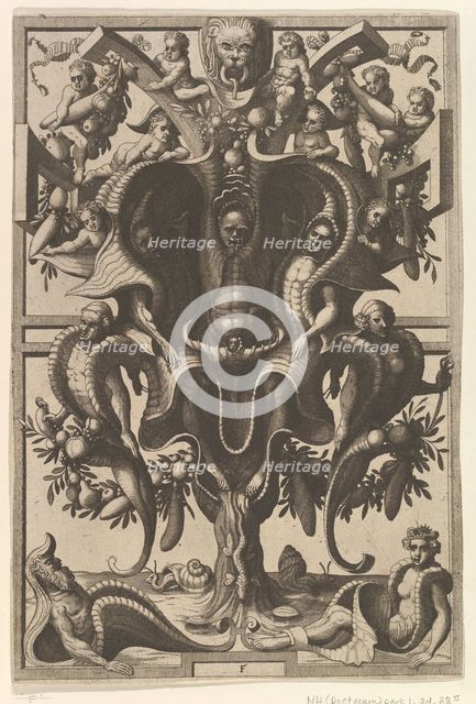 Auricular Cartouche with Figures within a Strapwork Frame from Veederley Veranderinghe van..., 1556. Creators: Johannes van Doetecum I, Lucas van Doetecum.