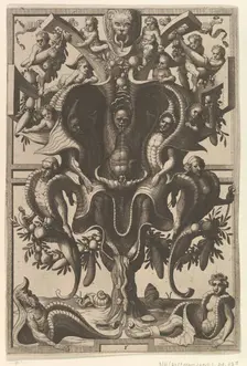 Auricular Cartouche with Figures within a Strapwork Frame from Veederley Veranderinghe van..., 1556. Creators: Johannes van Doetecum I, Lucas van Doetecum