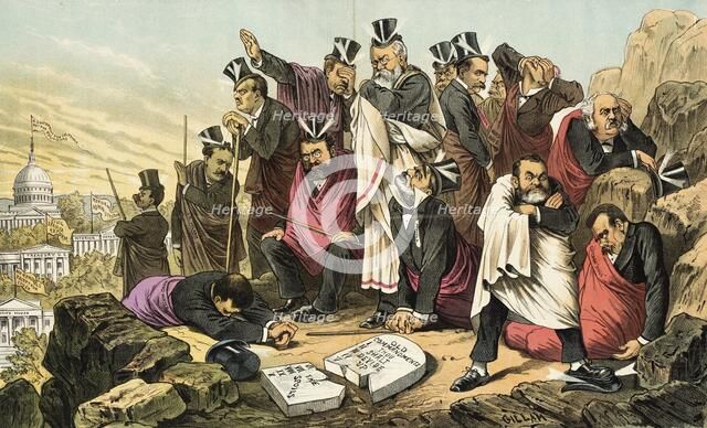 Ausgeschlossen aus dem Lande der Verheißung. Cartoon from Puck, between 1880 and 1889. Creator: Bernhard Gillam.