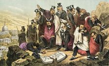 Ausgeschlossen aus dem Lande der Verheißung. Cartoon from Puck, between 1880 and 1889. Creator: Bernhard Gillam