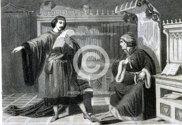 Ausias March (1397-1459), engraving of 1864, reading his poems to the Prince of Viana.