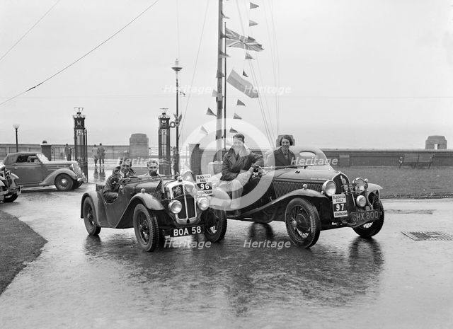 Austin 7 Grasshopper of CD Buckley and Fiat Balilla 508S of SGE Tett at the Blackpool Rally, 1936. Artist: Bill Brunell.