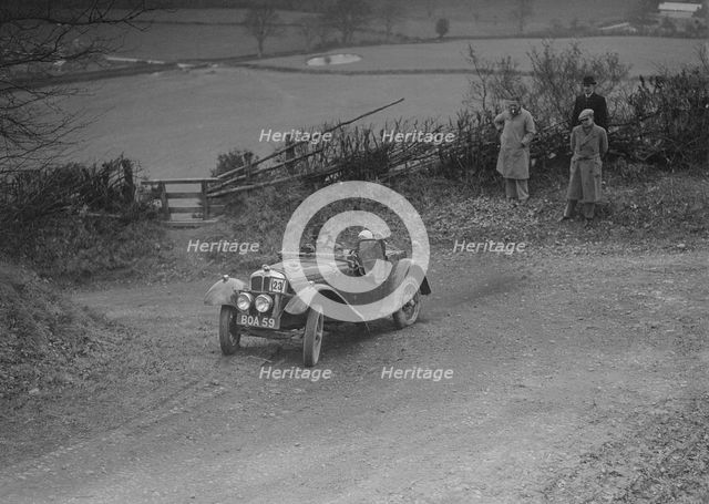 Austin 7 Grasshopper of Alf Langley competing at the MG Car Club Midland Centre Trial, 1938. Artist: Bill Brunell.