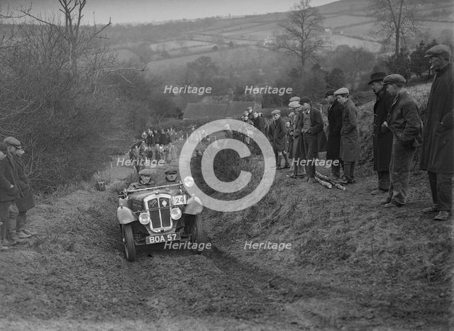 Austin 7 Grasshopper of WH Scriven competing in the MG Car Club Midland Centre Trial, 1938. Artist: Bill Brunell.