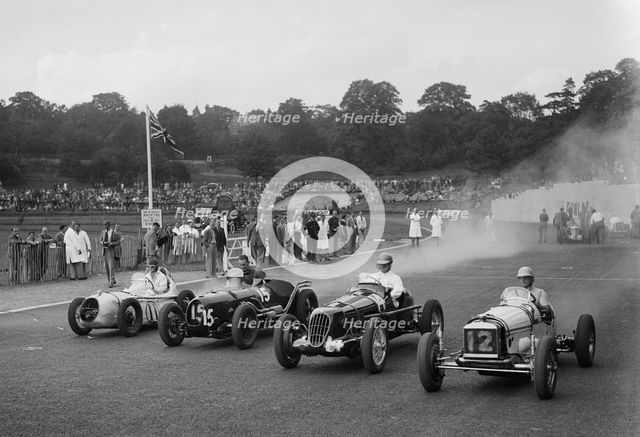 Austin 7 of WD Castello, Alta of Eric Winterbottom and MG K3 racing at Crystal Palace, London, 1939. Artist: Bill Brunell.