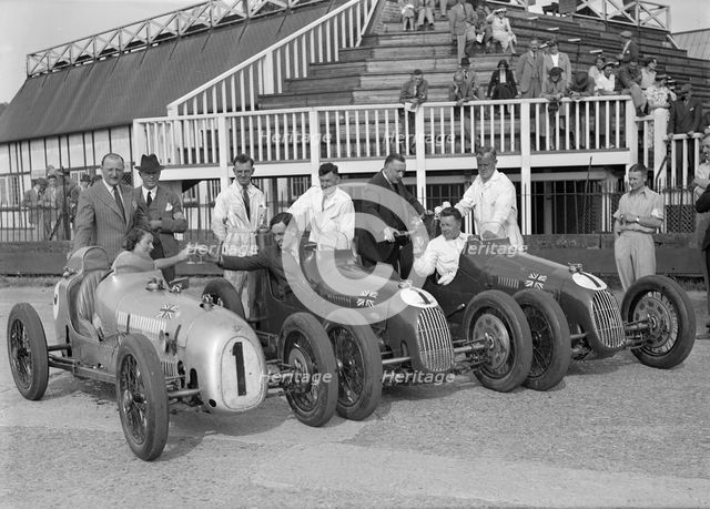 Austin 7 works team, Brooklands 1937. Artist: Bill Brunell.