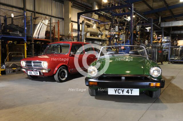 Austin Mini 1275 GT 1980 and MG Midget 1979. Artist: Simon Clay.