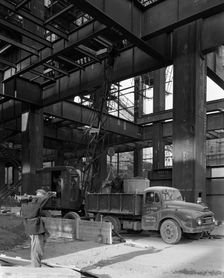 Austin lorry on a construction site, Leeds, West Yorkshire, 1959. Creator: Michael Walters
