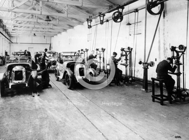 Austin Sevens being fitted with Swallow bodies. Foldshill[?] 1929. Artist: Unknown