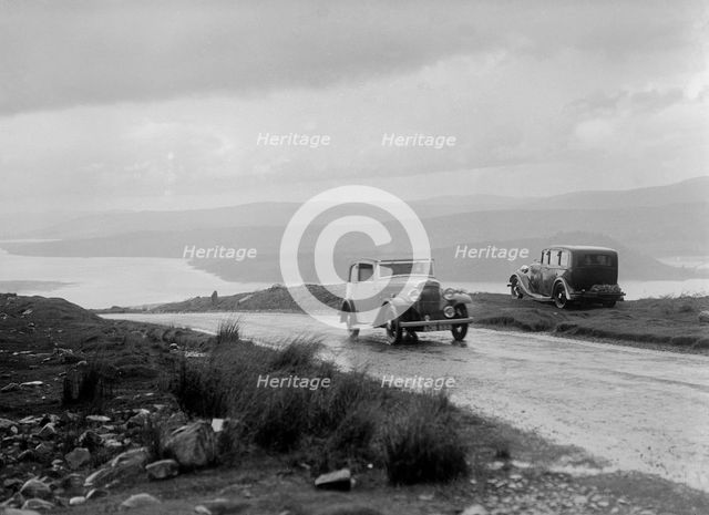 Austin sports saloon of Mrs MS Flewitt competing in the RSAC Scottish Rally, 1934. Artist: Bill Brunell.