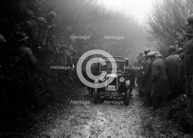 Austin top hat saloon of EC Smyth competing in the MCC Exeter Trial, Meerhay, Dorset, 1930. Artist: Bill Brunell.